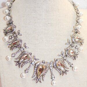 Vintage Signed Oscar de la Renta Faux Pearl & Crystal Necklace